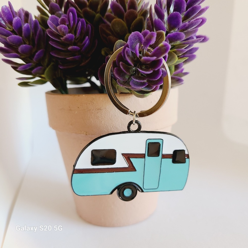 Cute Camper Trailer Keychain Turquoise White Retro Travel Charms for Women NEW